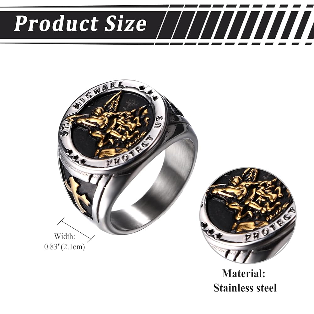 ライオネルRING Saint Michael Rings for Men: Gold-tone Silvery Stainless